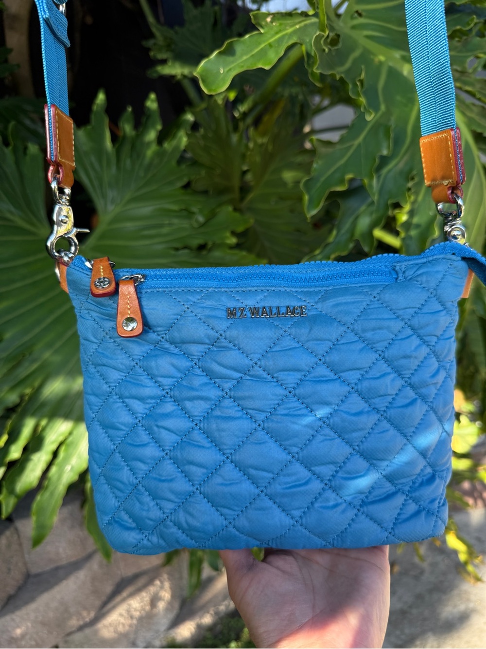 MZ Wallace Quilted Blue Crossbody Bag with Adjustable Strap